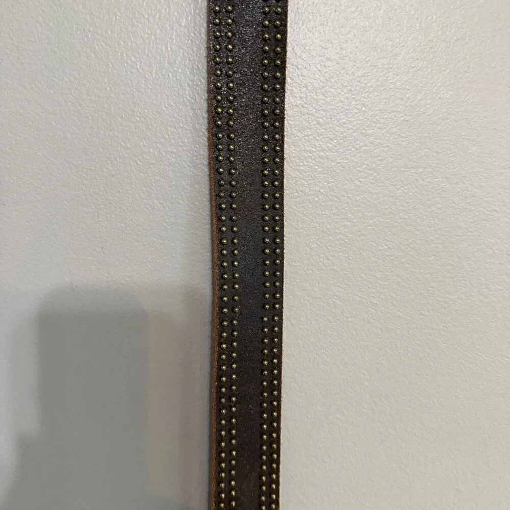 Brown leather belt with brass detail and rock buckle size m/l